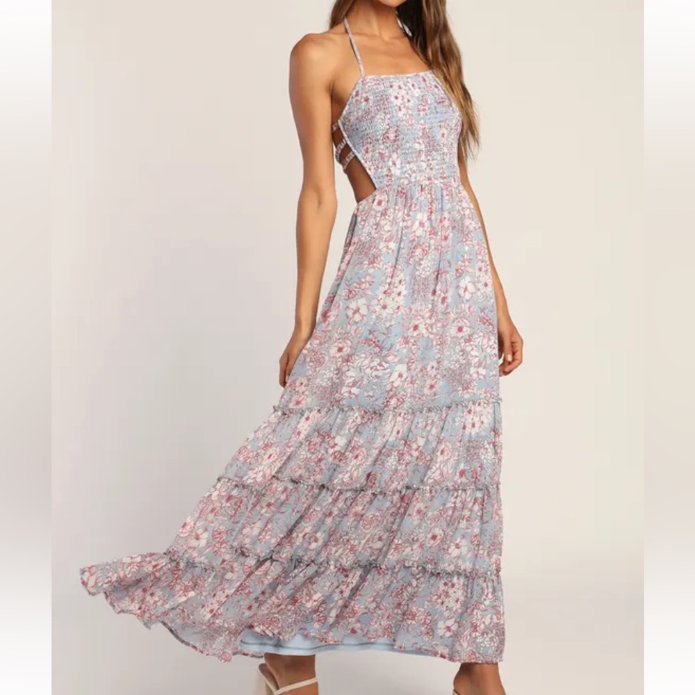 Lulus Best Botanicals Blue Floral Smocked Tiered Backless Maxi Dress size Large
